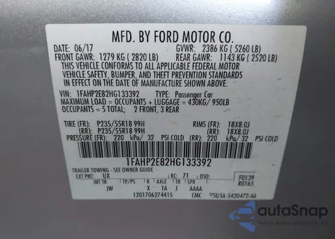 2017 Ford Taurus Sel z USA, uszkodzony, nr VIN 1FAHP2E82HG133392